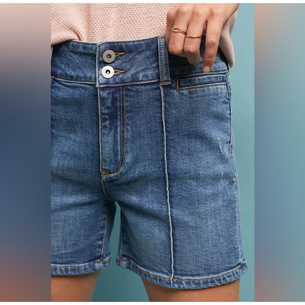 Pilcro‎ by Anthropologie High Rise Denim Seamed Shorts Cotton Blue Distressed
